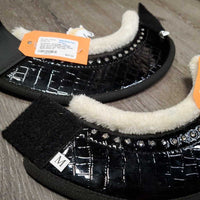 Pr Patent "crocodile" Leather Wrap Around Bell Boots, velcro, bling, fleece top *like new
