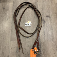 Pr Double Leather Split Reins, 2 snaps, 4 chicagos, braided *uneven, gc, filmy, rubs, creases, chewed end, scraped edges, bent/dented end