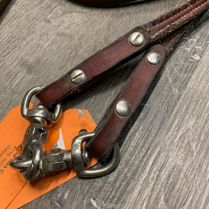 Pr Double Leather Split Reins, 2 snaps, 4 chicagos, braided *uneven, gc, filmy, rubs, creases, chewed end, scraped edges, bent/dented end