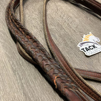 Pr Double Leather Split Reins, 2 snaps, 4 chicagos, braided *uneven, gc, filmy, rubs, creases, chewed end, scraped edges, bent/dented end
