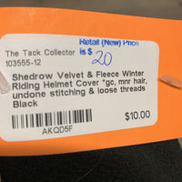 Velvet & Fleece Winter Riding Helmet Cover *gc, mnr hair, undone stitching & loose threads
