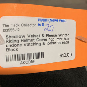 Velvet & Fleece Winter Riding Helmet Cover *gc, mnr hair, undone stitching & loose threads