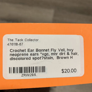 Crochet Ear Bonnet Fly Veil, hvy neoprene ears *vgc, mnr dirt & hair, discolored spot?stain