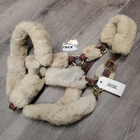 Leather Shipping Halter, Full Halter Sheepskins, snap *fair, cracks, dirty, stains, clumpy, fleece holes, TORN end