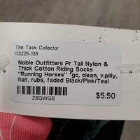 Pr Tall Nylon & Thick Cotton Riding Socks "Running Horses" *gc, clean, v.pilly, hair, rubs, faded