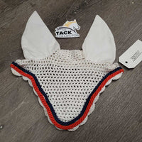 Crochet Fly Bonnet Ear Veil, 2x piping *gc, clean, shrunk?/puckered, curled edges, mnr stains

