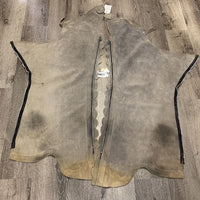 Pr Soft Full Suede Western Chaps, Scalloped edges *gc, stains, dirty, sandy bottoms, older, stitched edges/missing conchos
