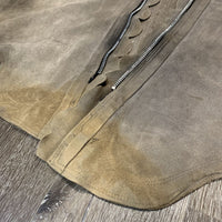 Pr Soft Full Suede Western Chaps, Scalloped edges *gc, stains, dirty, sandy bottoms, older, stitched edges/missing conchos
