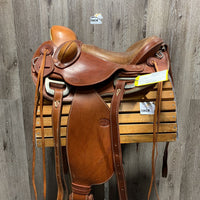14" Talabarteria Trail Saddle - Made in Colombia - 2 stirrups, fenders & hobble straps, Leather Front & Back Cinch & Billets (4), Crupper *NOT RECOMMENDED for RIDING USE - DISPLAY ONLY
