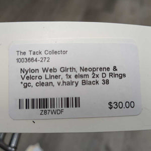 Nylon Web Girth, Neoprene & Velcro Liner, 1x els, 2x D Rings *gc, clean, v.hairy, pilly edges