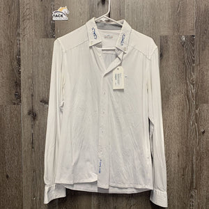 MENS LS Show Shirt *gc, dingy/discolored, seam puckers , v.bubbled collar