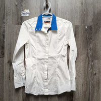LS Show Shirt, attached snap collar, roll up sleeves *gc, crinkled, seam puckers, mnr cuff stains
