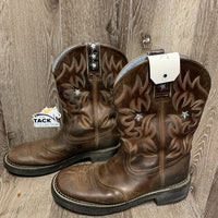 Round Toe Cowgirl Boots *gc, mnr dirt, heel toe scuffs, threads, hair on soles, lining crinkles
