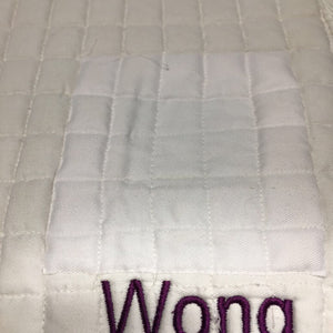 Quilt Jumper Pad, embroidered *gc, mnr stains, cut tabs, v. pilly, hairy, covered embroidery, v. rubbed binding