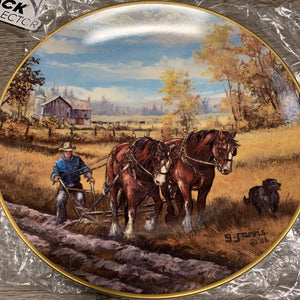 Set of 4: "Summer Plowing", "Sap is Running", "Winter Logging", "Harvest Gold" by Georgia Jarvis Decorative Plates, box, wrapped *new