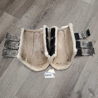 Pr Closed Fleece Lined Boots, velcro *fair, v.dirty, hairy, clumpy, undone stitching, holes/torn leather