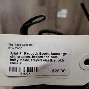 Pr Paddock Boots, laces *gc, dirt, creases, broken toe sole, holey inside, frayed elastics, older