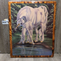 "First Look in The Mere" Unicorn Mare & Foal by Sue Dawe Wood Painting - 1982 *vgc, mnr scratches