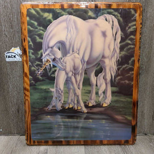 "First Look in The Mere" Unicorn Mare & Foal by Sue Dawe Wood Painting - 1982 *vgc, mnr scratches