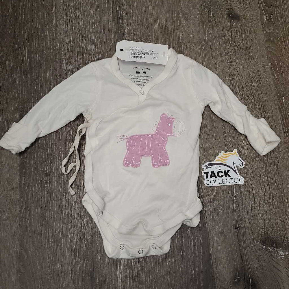 BABY LS Light Onesie, snaps & laces *loose/frayed embroidery patch, gc, mnr hair