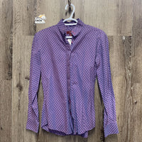 LS Show Shirt, 2 Button Collars *fair, older, v.discolored/faded?, seam puckers