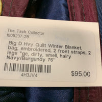 Hvy Quilt Winter Blanket, bag, embroidered, 2 front straps, 2 legs *gc, dirty, smell, hairy