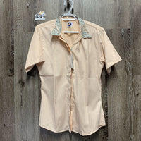 SS Show Shirt, attached snap collar *gc, clean, threads, older, snags, wavy & seam puckers
