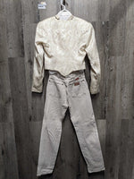 Western Showmanship Set: Full Cloth Fringe Chaps, Wrangler Jeans-5x32, LS Shirt, Tie, Longhorn LS Jacket, Silver Garment Bag *vgc, older
