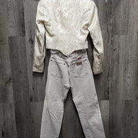 Western Showmanship Set: Full Cloth Fringe Chaps, Wrangler Jeans-5x32, LS Shirt, Tie, Longhorn LS Jacket, Silver Garment Bag *vgc, older