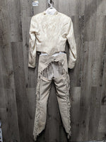 Western Showmanship Set: Full Cloth Fringe Chaps, Wrangler Jeans-5x32, LS Shirt, Tie, Longhorn LS Jacket, Silver Garment Bag *vgc, older
