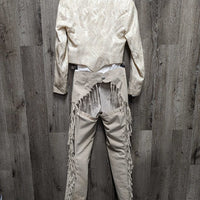 Western Showmanship Set: Full Cloth Fringe Chaps, Wrangler Jeans-5x32, LS Shirt, Tie, Longhorn LS Jacket, Silver Garment Bag *vgc, older