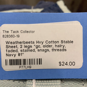 Hvy Cotton Stable Sheet, 2 legs *gc, older, hairy, faded, stained, snags, threads