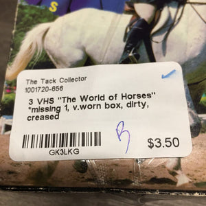 3 VHS "The World of Horses" *missing 1, v.worn box, dirty, creased