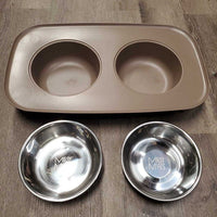 Evelated Double Dog Feeder, box, 2 silver bowls, 3 sets of 4 legs *like new
