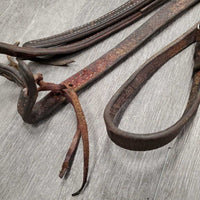 Double Stitched Leather Headstall *fair, dirt, stains, cracks, x holes, rust, loose stitch
